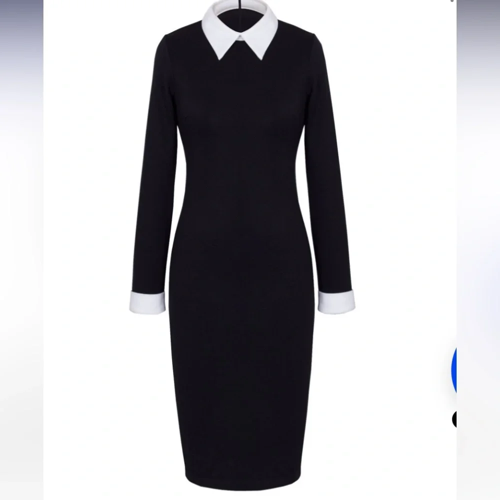 Elegant Black Long Sleeve Dress with turn down collar and white cuffs Wednesday - Picture 1 of 10